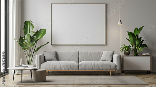 Poster above white cabinet with plant next to grey sofa in simple living room interior, Real photo