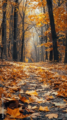 Golden autumn pathway strewn with fallen leaves
