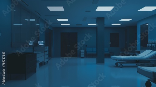 Photographs a stateoftheart hospital ward  designed with soothing  clean blue accents that enhance the advanced medical equipment and patient care technologies