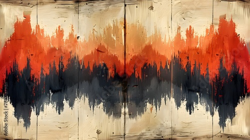 Abstract Artistic Background with Symmetrical Orange and Blue Paint Strokes on Distressed Wooden Texture