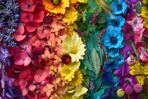 A colorful flower arrangement with a rainbow of colors. The flowers are arranged in a way that they look like they are overlapping each other. The arrangement is vibrant and lively