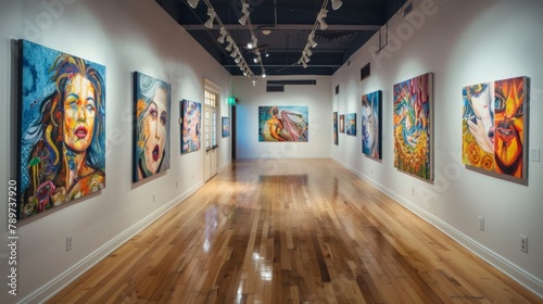 A group of finished paintings displayed on gallery walls each one with a distinct style and vision showcasing the diverse range of creative perspectives that only an artist can possess. .