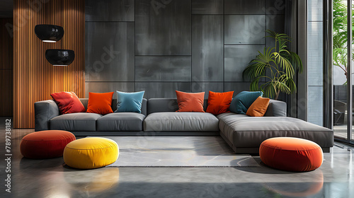 Spacious modern lounge with grey sofa and colorful pillows and poufs photo