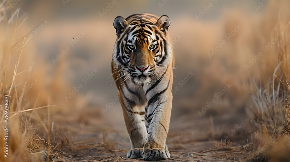 A Lone Tiger's Quiet Stride into the Unknown. Concept Wildlife Photography, Nature Exploration, Endangered Species Conservation, Majestic Animals, Habitat Preservation