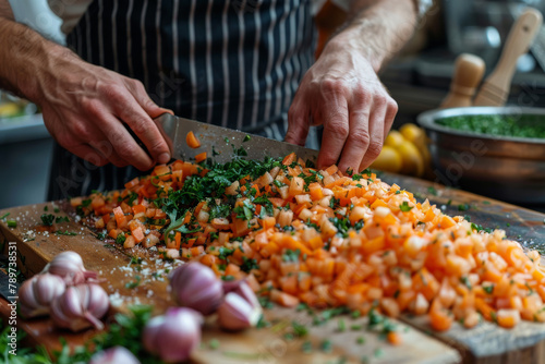 Person, cooking and hands with vegetables or knife for preparing chop tomato with garlic, healthy or dinner. Chef, career and wooden board in kitchen with apron for professional meal, brunch or diet