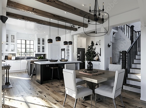 White modern farmhouse basement with an open concept kitchen and dining room featuring a black island