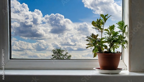 houseplant sits in a flowerpot on a windowsill, with a white wall behind it. Beyond, the sky is filled with fluffy clouds and a distant tree can be seen photo