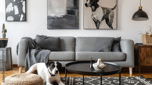 Stylish and scandinavian living room interior of modern apartment with gray sofa, design wooden commode, black table, lamp, abstract paintings on the wall, Beautiful dog lying on the couch, Home decor
