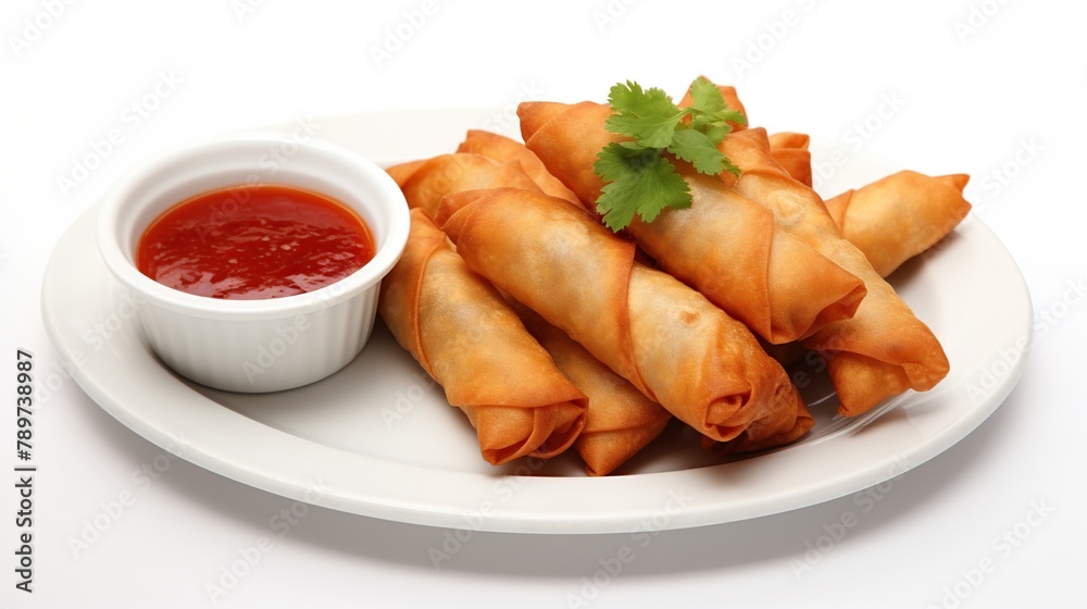 Traditional spring rolls with chili sauce on a white plate isolated on white background. Traditional spring rolls with chili sauce on a white plate isolated on white background.