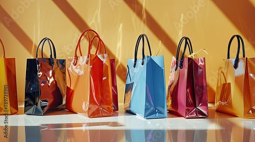 A row of glossy shopping bags from high-end retailers