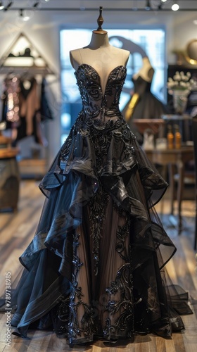 A luxurious glossy black evening gown on display in a boutique