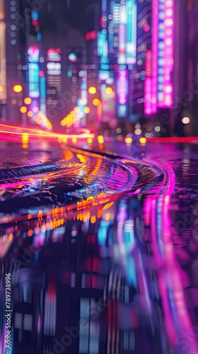 Neon lights reflecting on a glossy urban street at night © AI Farm