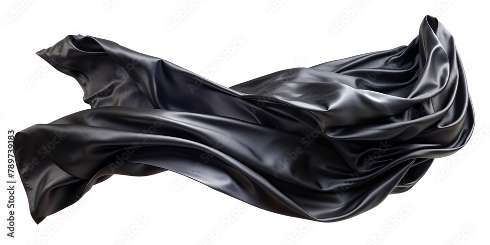 Black silk cloth flying and waving in the air, isolated on a white background. Elegant and luxurious fabric concept.