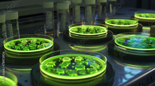 Arranges a scene in a microbiology lab, where cultures growing in petri dishes show fluorescent green results under UV light, indicating groundbreaking discoveries photo