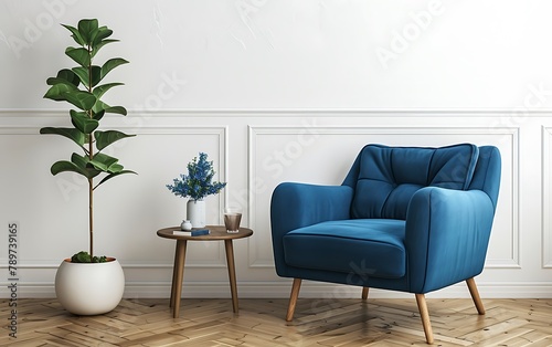 White wall mockup in an interior design of a modern living room with a blue armchair and wooden floor