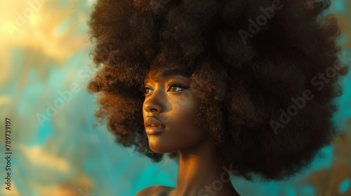 Portrait of a young African American Woman with a voluminous afro, her features illuminated by the warm, golden glow of the sun. photo