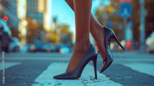Elegance of black high heels captured on a busy city crosswalk, symbolizing urban fashion and the pace of city life.