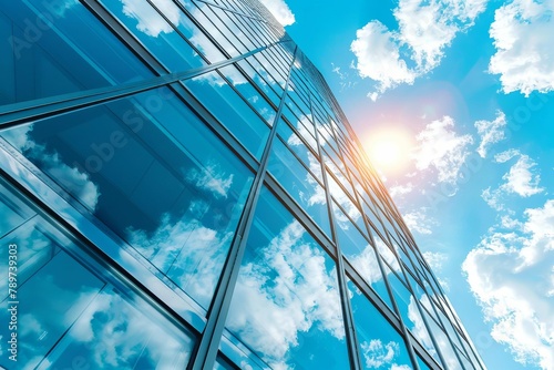 tall modern glass building reflecting blue sky and clouds low angle architectural illustration