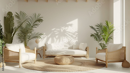 Stylish Modern wooden living room in white background  Scandinavian style  Rattan home decor  3D render  3D illustration  realistic interior design photography