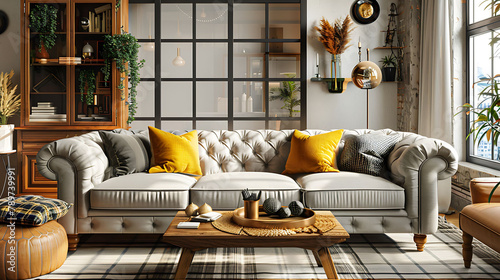 The stylish boho compostion at living room interior with design gray sofa, wooden coffee table, commode and elegant personal accessories, Honey yellow pillow and plaid, Cozy apartment, Home decor photo
