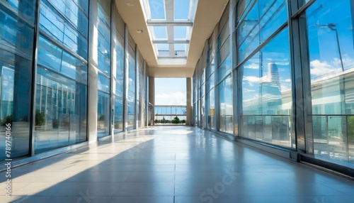 blurred image of a hallway in a city office building with floortoceiling windows, showcasing the reflection of electric blue sky outside