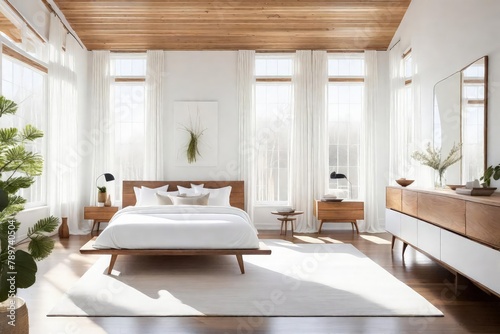 Clean and cozy white bedroom featuring a botanical accent  Contemporary bedroom design with a stylish plant element  Minimalist white and wood bedroom with plant d  cor.