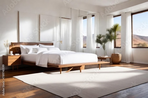 Modern bedroom featuring white bed and wooden floors, Serene bedroom with white bedding and wood flooring, Clean white bed on warm wooden floors. © Sunny ART
