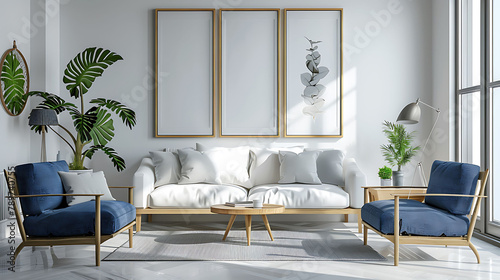 White living room with wood sofa, blue armchair, lamps, posters, realistic interior design photography