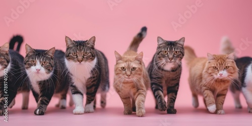 A group of cats walking in a line on pink background. Generative AI.