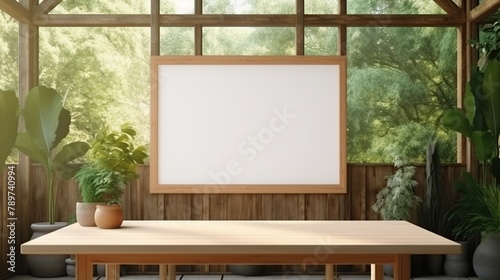 Farmhouse dining room interior with blank poster mockup frame hanging on wooden wall.