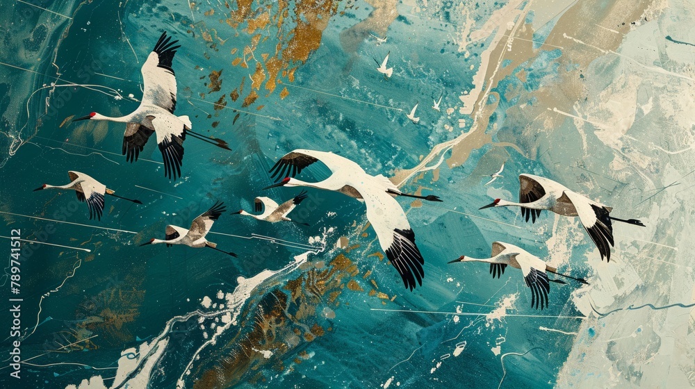 Fototapeta premium A sweeping aerial view of a flock of whooping cranes soaring high above North American landscapes, dodging obstacles like power lines
