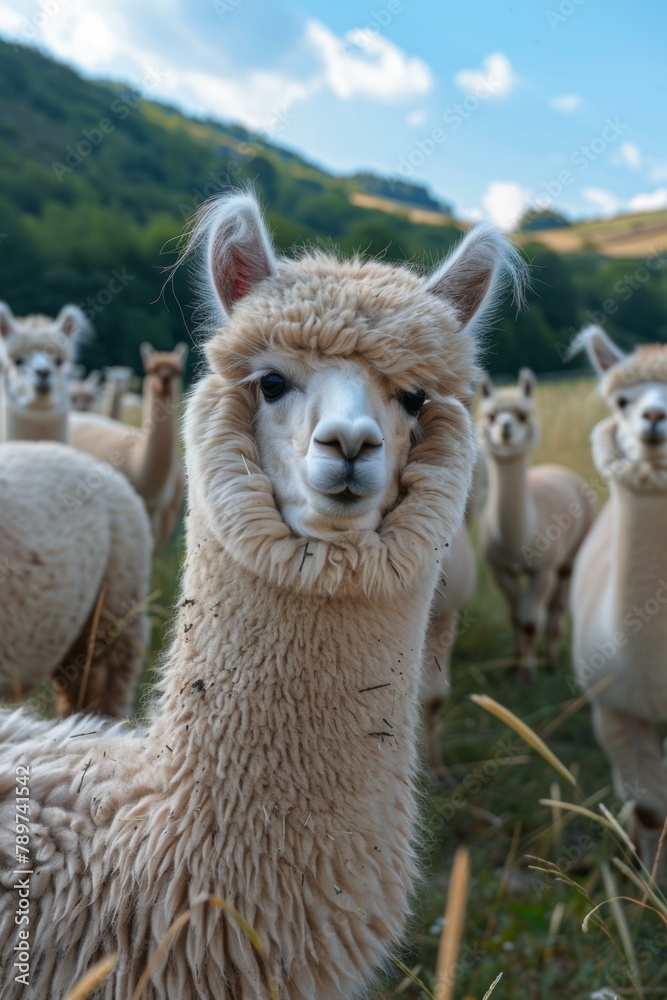 A group of a herd of alpacas standing in the grass. Generative AI.