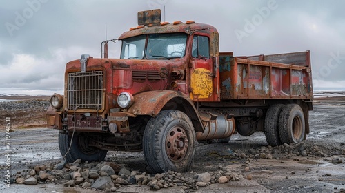 Weathered and Abandoned Rock Hauling Truck in Remote Terrain