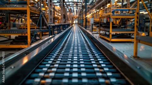 Highly Detailed Conveyor Belt in Modern Industrial Warehouse Facilitating Efficient Cargo Transport and Inventory Management