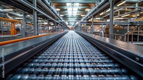 Highly Detailed Conveyor Belt System in Modern Industrial Warehouse Facilitating Efficient Goods Transportation and Product Flow © Sittichok