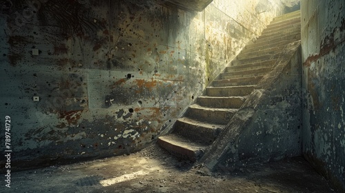 Stairs in Abandoned Industrial Building with Grungy Weathered Textures and Atmospheric Lighting photo