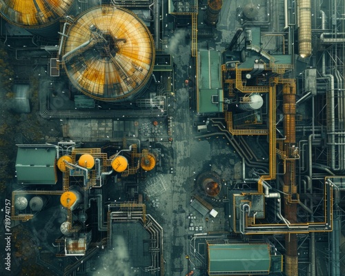 An overhead view of a factory with many pipes and tanks. Generative AI.