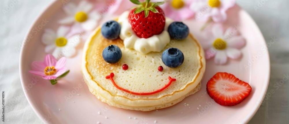 A pancake with strawberries and blueberries on a pink plate. Generative AI. A pancake with strawberries and blueberries on a pink plate. Generative AI.