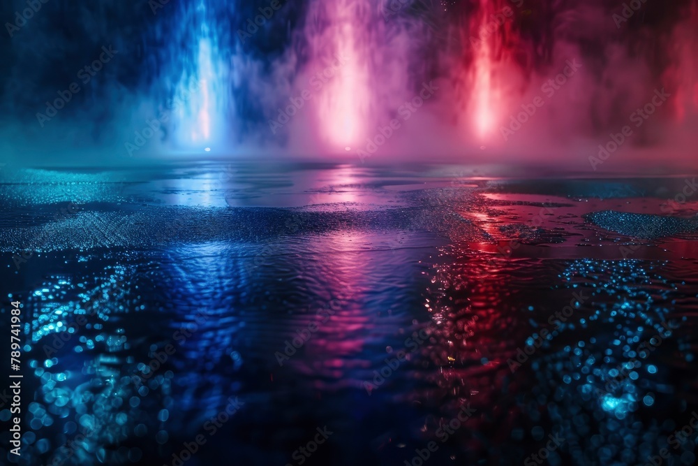 Wet asphalt, night view, neon reflection on the concrete floor. Night empty stage, studio. Dark abstract background. Product Showcase Spotlight Background - generative ai Wet asphalt, night view, neon reflection on the concrete floor. Night empty stage, studio. Dark abstract background. Product Showcase Spotlight Background - generative ai