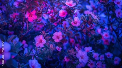 An ultraviolet light scene revealing the hidden, glowing patterns of Manuka flowers in full bloom, a mesmerizing nighttime garden view