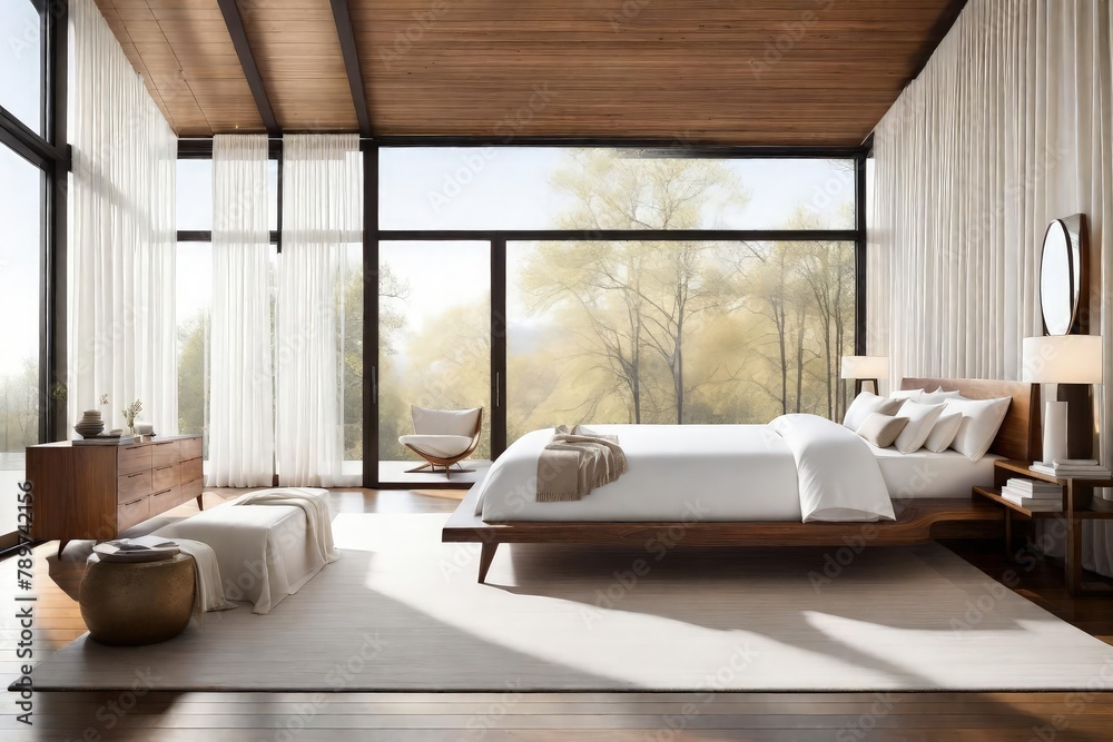 Contemporary bedroom with wooden floors and floor-to-ceiling windows, Spacious bedroom with wood floors and abundant natural light, Sunlight streaming through large windows into a modern bedroom.