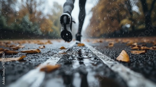 A person running on a road with leaves falling. Generative AI. photo