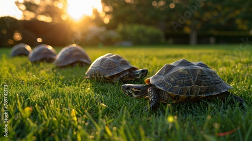 A group of turtles are walking in a line on the grass. Generative AI. photo