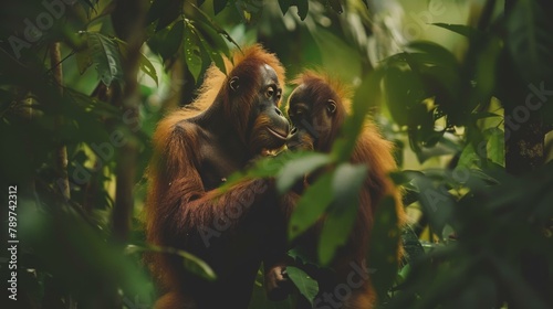 Two orangutans in the jungle looking at each other. Generative AI.