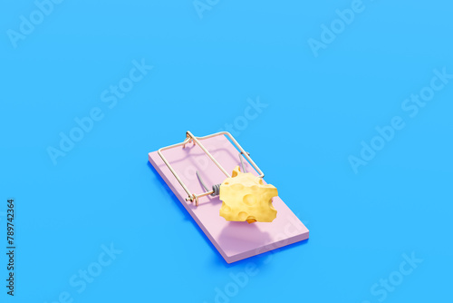 Mouse trap with cheese on blue background. Risk-taking concept.