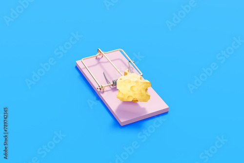 Mouse trap with cheese on blue background. Risk-taking concept. photo