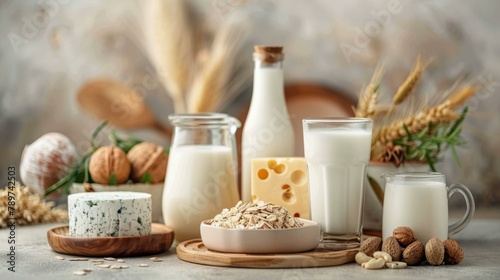A variety of dairy products including milk, cheese and nuts. Generative AI.