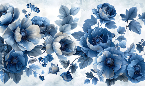 A floral wallpaper with blue and white flowers on a white background with a blue border around the edges of the flowers and leaves