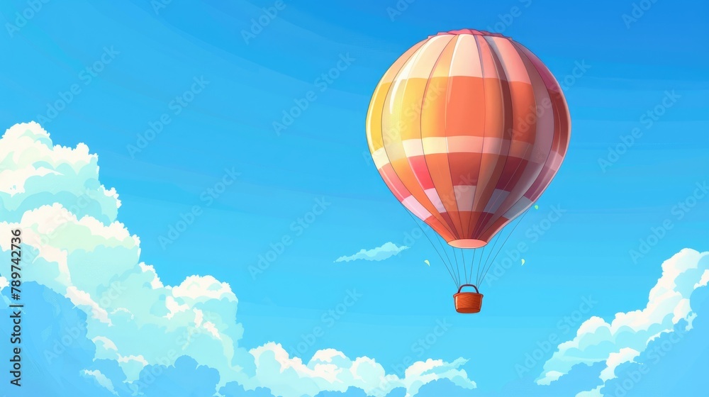 Naklejka premium A vibrant cartoon illustration featuring a hot air balloon set against a backdrop of clear blue skies