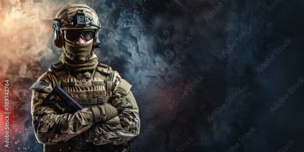 Fototapeta premium Powerful armed soldier in full combat gear against dramatic smoke-filled background, evokes themes of military readiness and defense.